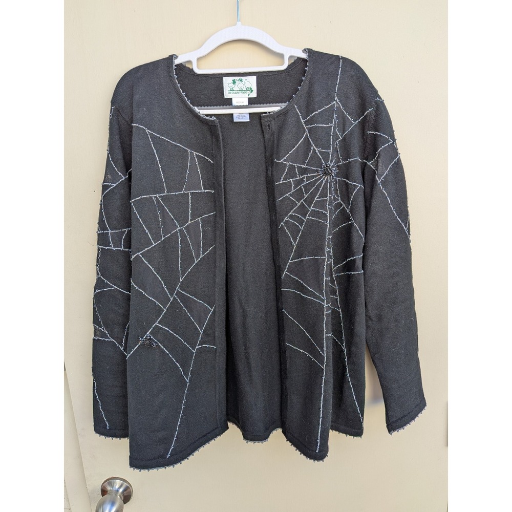 The Quacker Factory Women's Black Spiderweb Beaded Cardigan Sweater Medium